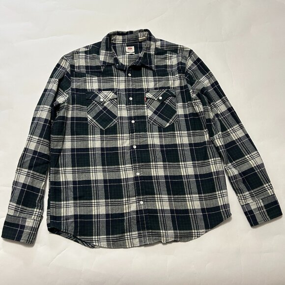 Vtg Levis Shirt Mens L Black Gray Plaid Western Pearl Snap Flannel Standard Fit - Picture 1 of 12